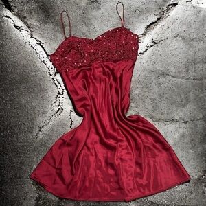 Vintage Red Lace and Satin Slip Dress with Sequence Embellishment Size S